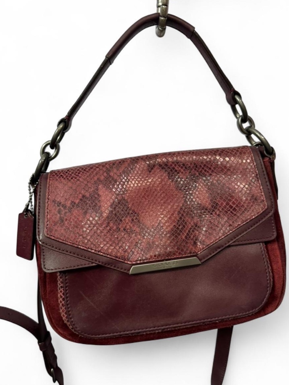 Coach Taylor Suede Burgundy Python Embossed Leather Crossbody / Shoulder Bag